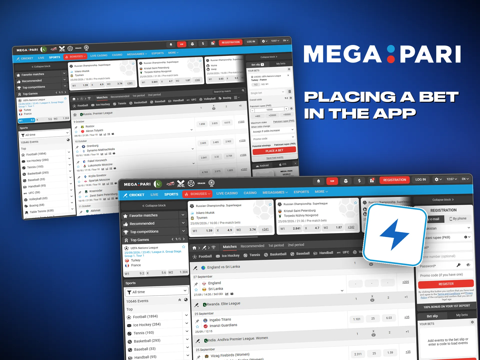 Placing a bet on Megapari: pick the match, then set the stake